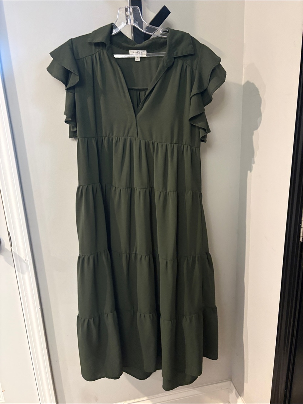 Lightweight Tiered Ruffle Sleeve Dress - Olive Green